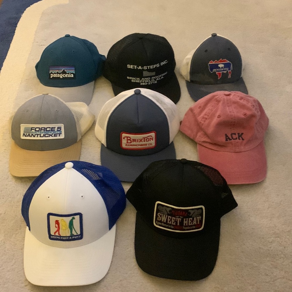 8 assorted hats, all adjustable with used but acceptable condition